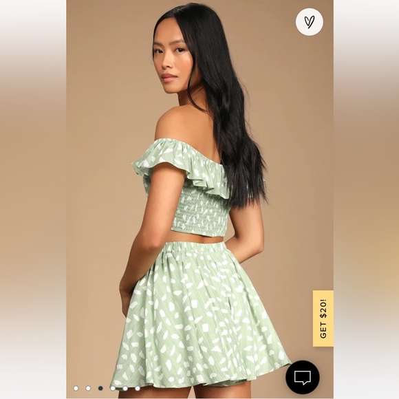 Lulu’s Spring to it Sage Green Dotted Off the Shoulder Two Piece Romper- Size S - Picture 2 of 3